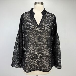Chicos NWT Sheer Black Lace Bell Sleeve Top Sz 1/M Goth Whimsigoth Dark Romantic
